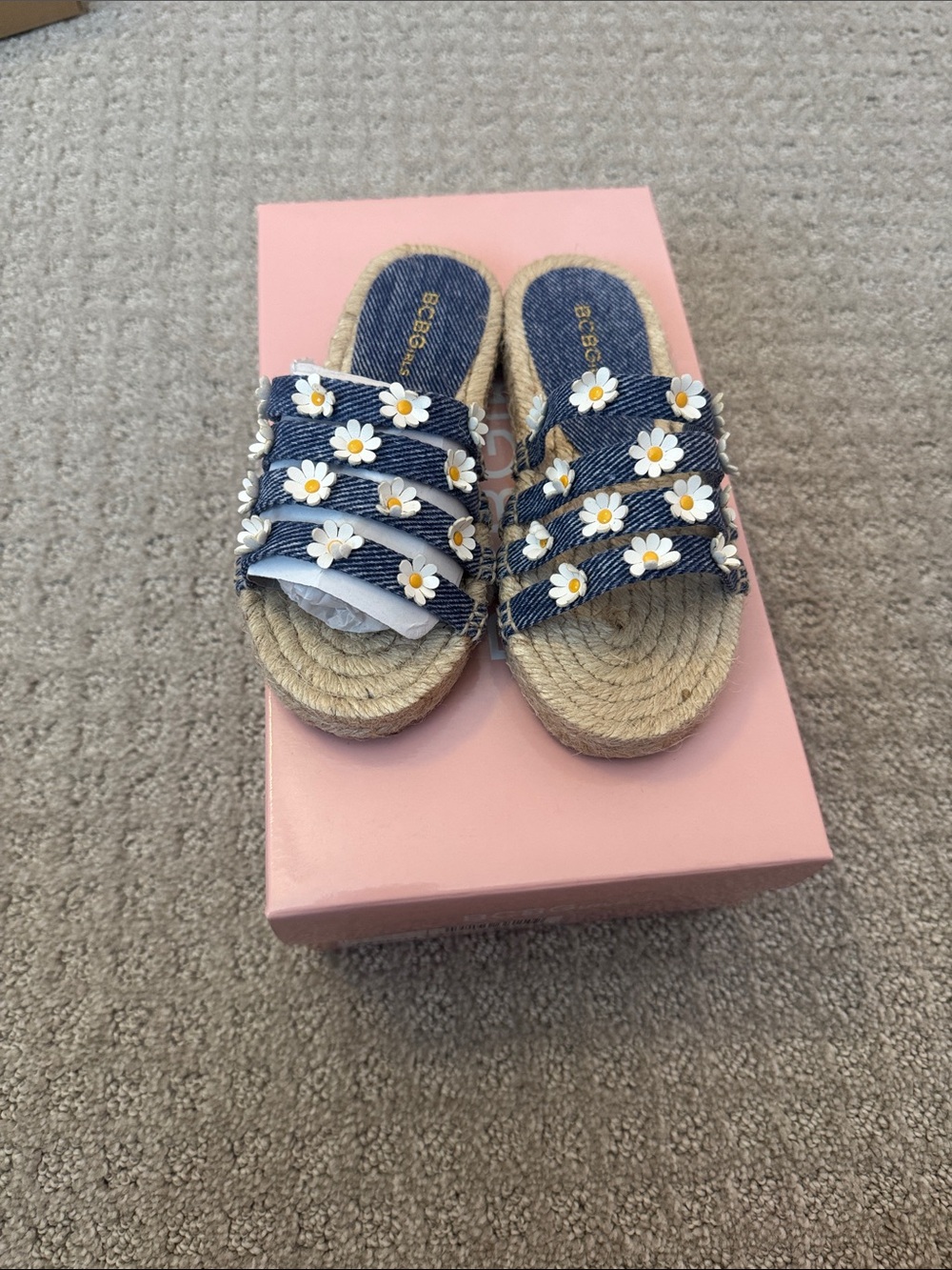 Denim Daisy Espadrille Slide Sandals with woven sole